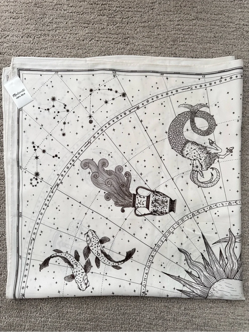 Madewell 100% Silk Zodiac Astrology Celestial Square Scarf / Ivory, Brown 31x31